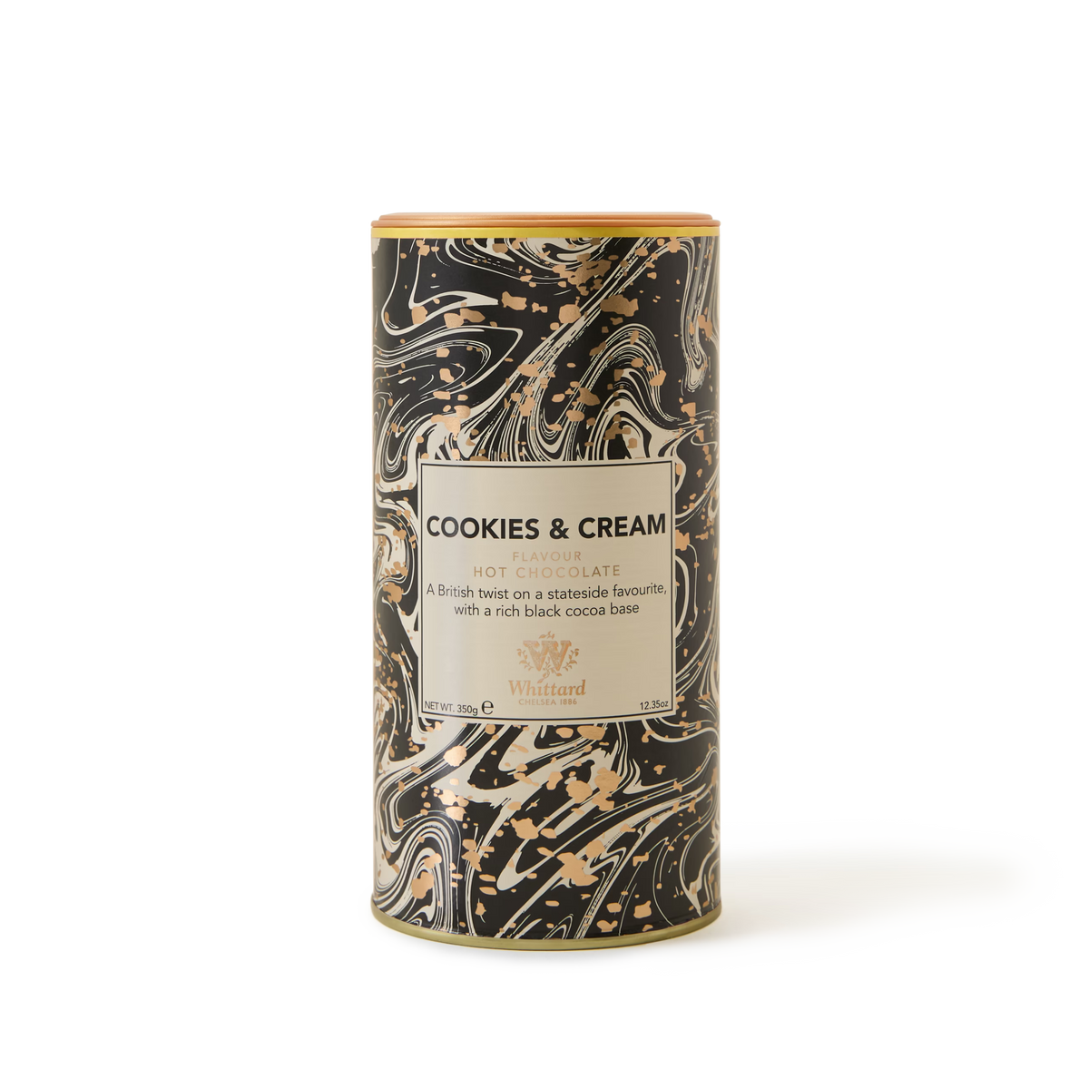 A cylindrical tin of Whittard Cookies & Cream Flavour Hot Chocolate with a marbled black, gold, and white design and product details on the front label.