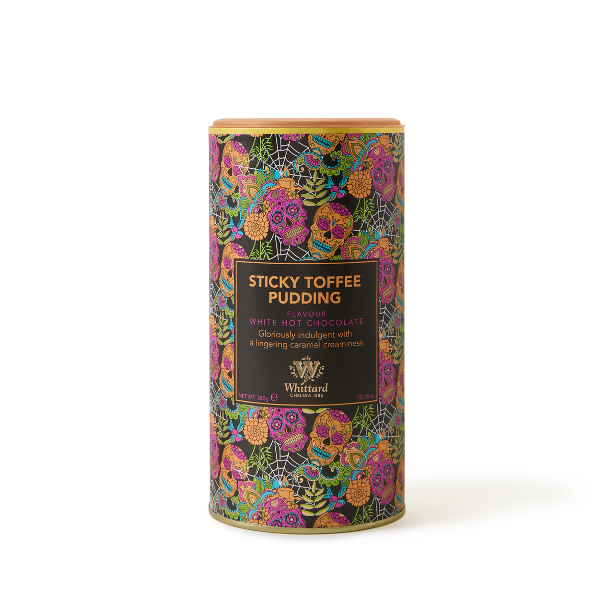 A vibrant tin of Sticky Toffee Pudding White Hot Chocolate, inspired by the classic British dessert, showcases a floral design with gold accents on its packaging.
