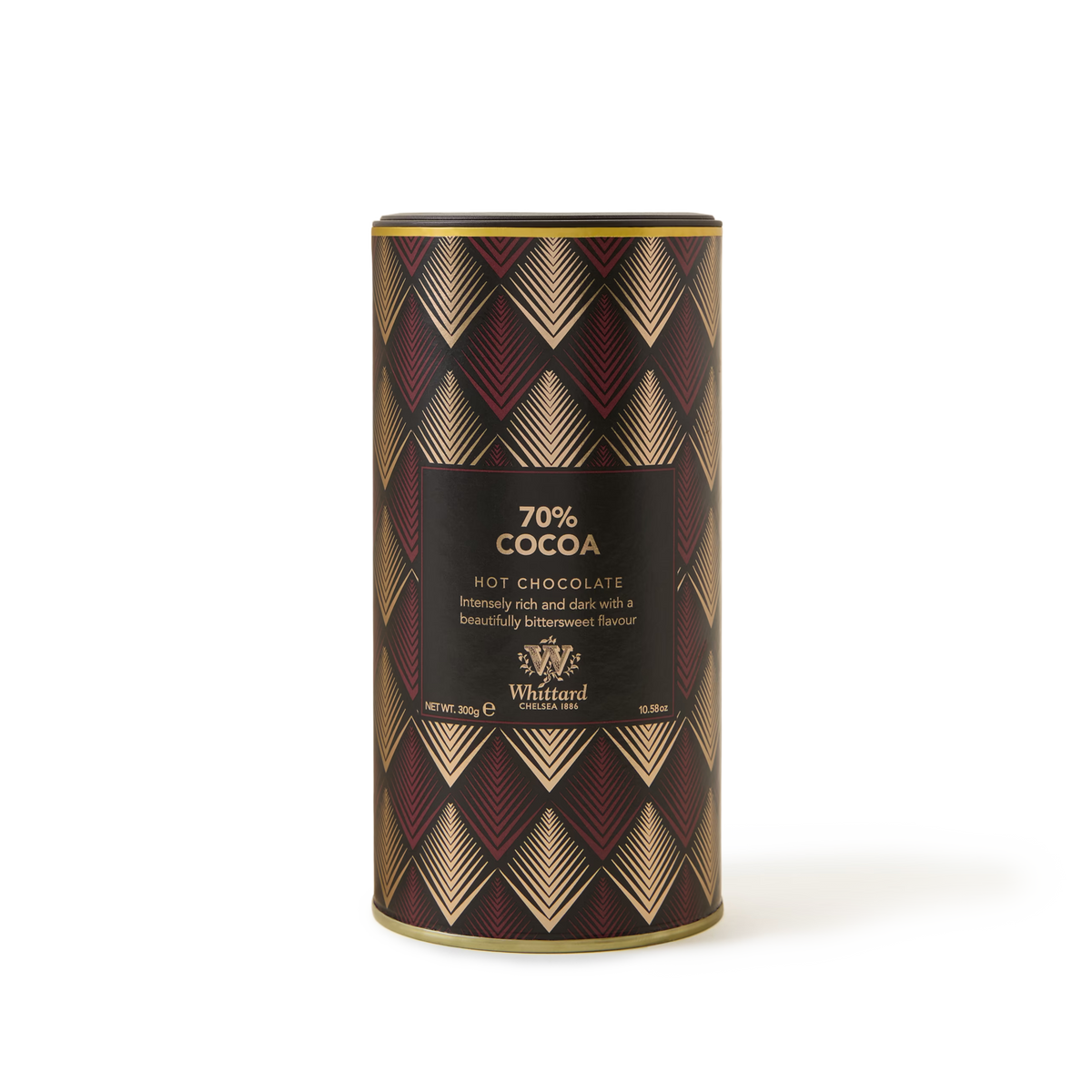 A cylindrical tin of 70% Cocoa Hot Chocolate, adorned with an Art Deco pattern in gold, red, and black, features a label describing it as intensely rich and dark with a beautifully bittersweet flavour—ideal for those who appreciate hot chocolate with a high cocoa content.