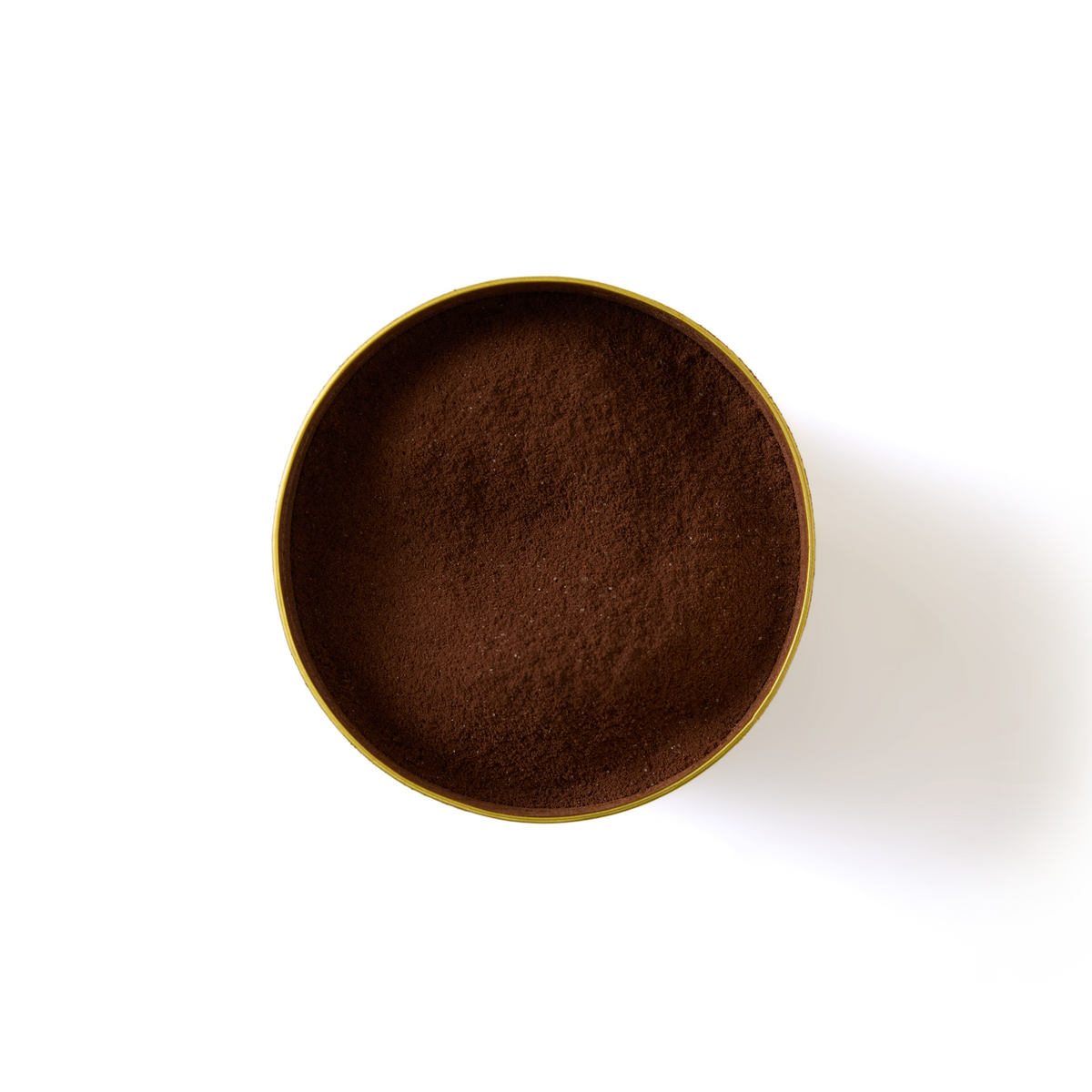 A round container of 70% Cocoa Hot Chocolate, filled with finely ground brown powder, is viewed from above against a plain white background.