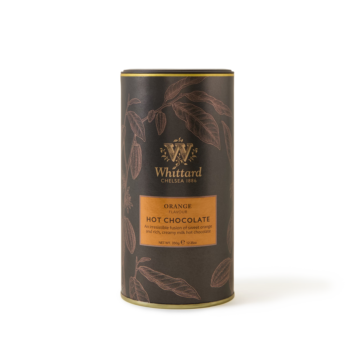 A cylindrical container of Whittard Orange Flavour Hot Chocolate, featuring a dark brown design with orange accents and illustrations of cocoa leaves.