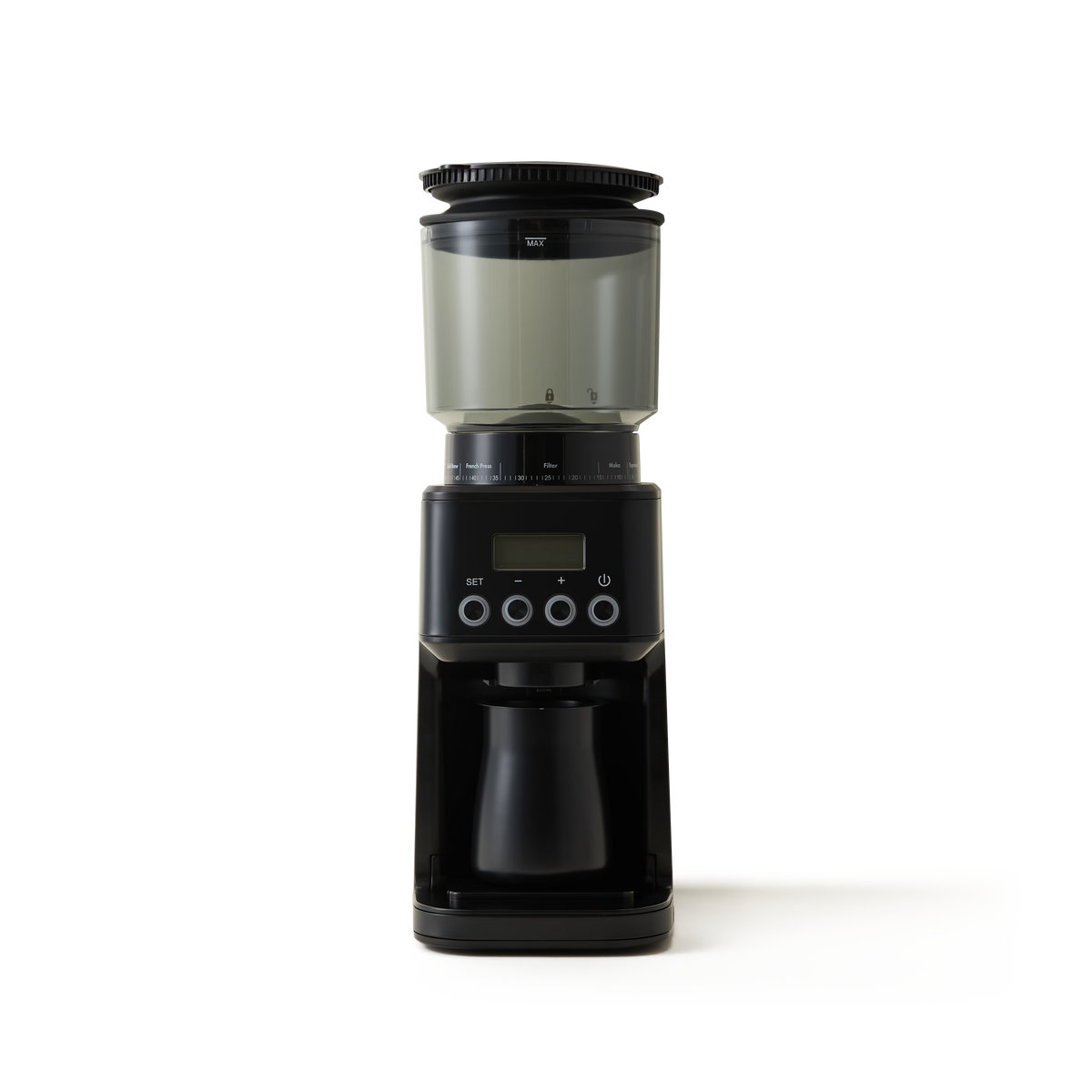 A black electric coffee grinder with a transparent bean hopper, digital display, and control buttons, set against a plain white background.