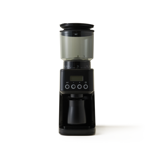 A black electric coffee grinder with a transparent bean hopper, digital display, and control buttons, set against a plain white background.
