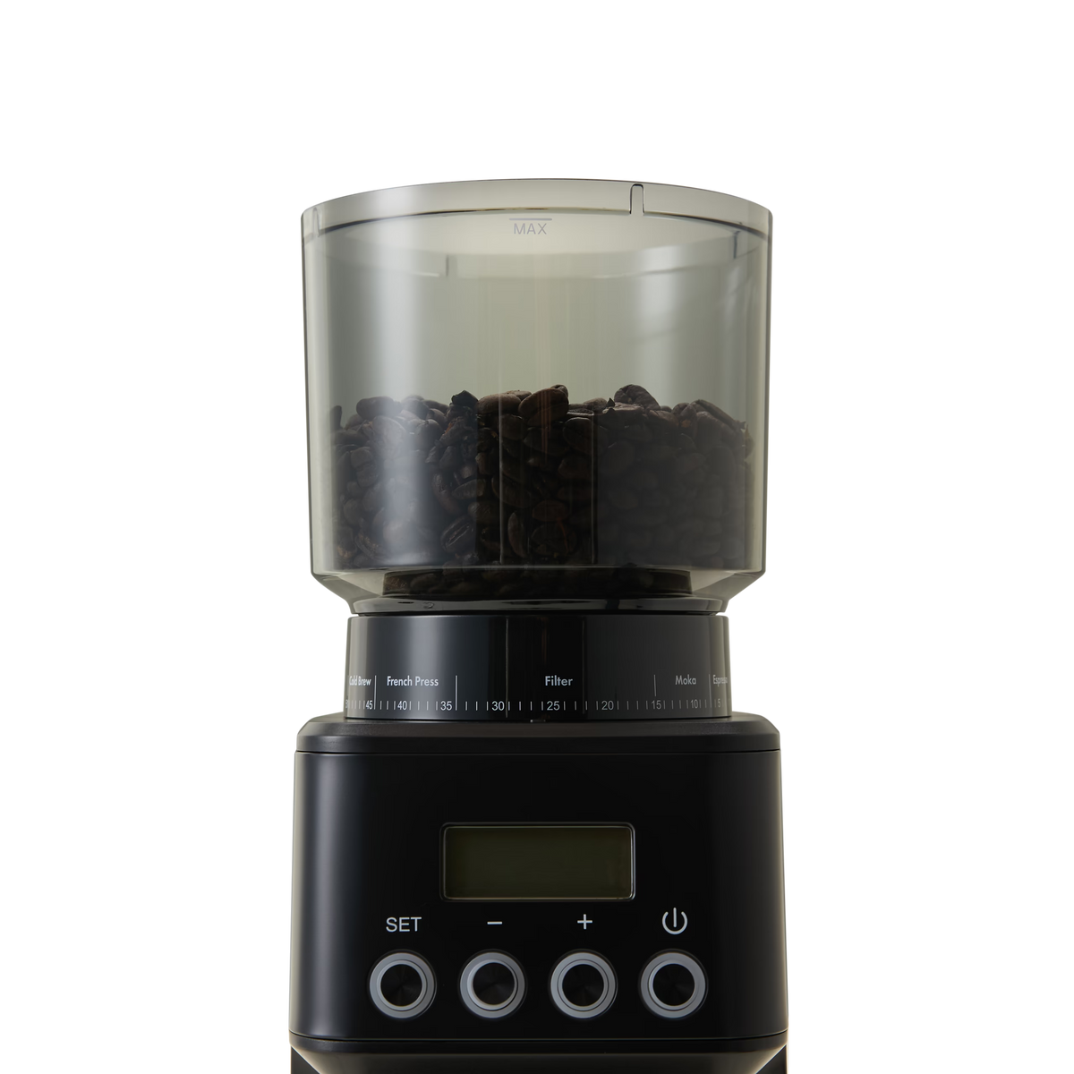 A close-up of a black coffee grinder with a transparent bean hopper filled with coffee beans, digital display, and control buttons on a plain white background.