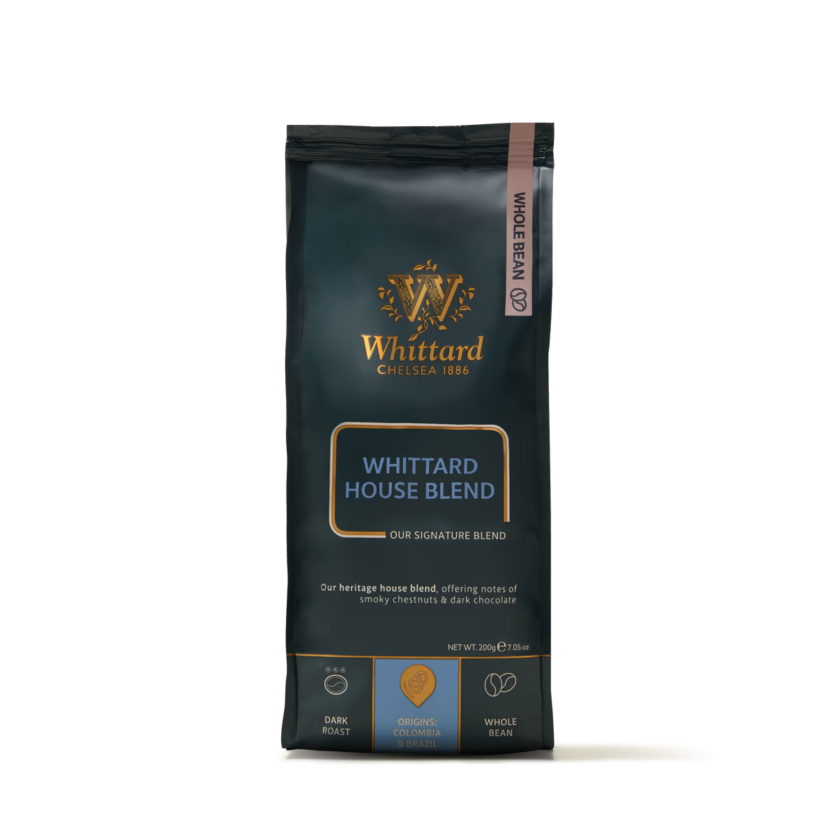 A 200g Whittard House Blend Coffee Beans Valve Pack, presented in gold and blue packaging, is labeled as a dark roast with Colombian origins. This house blend features tasting notes of smoky chestnuts and dark chocolate, emphasizing the rich flavors typical of Colombian coffee.