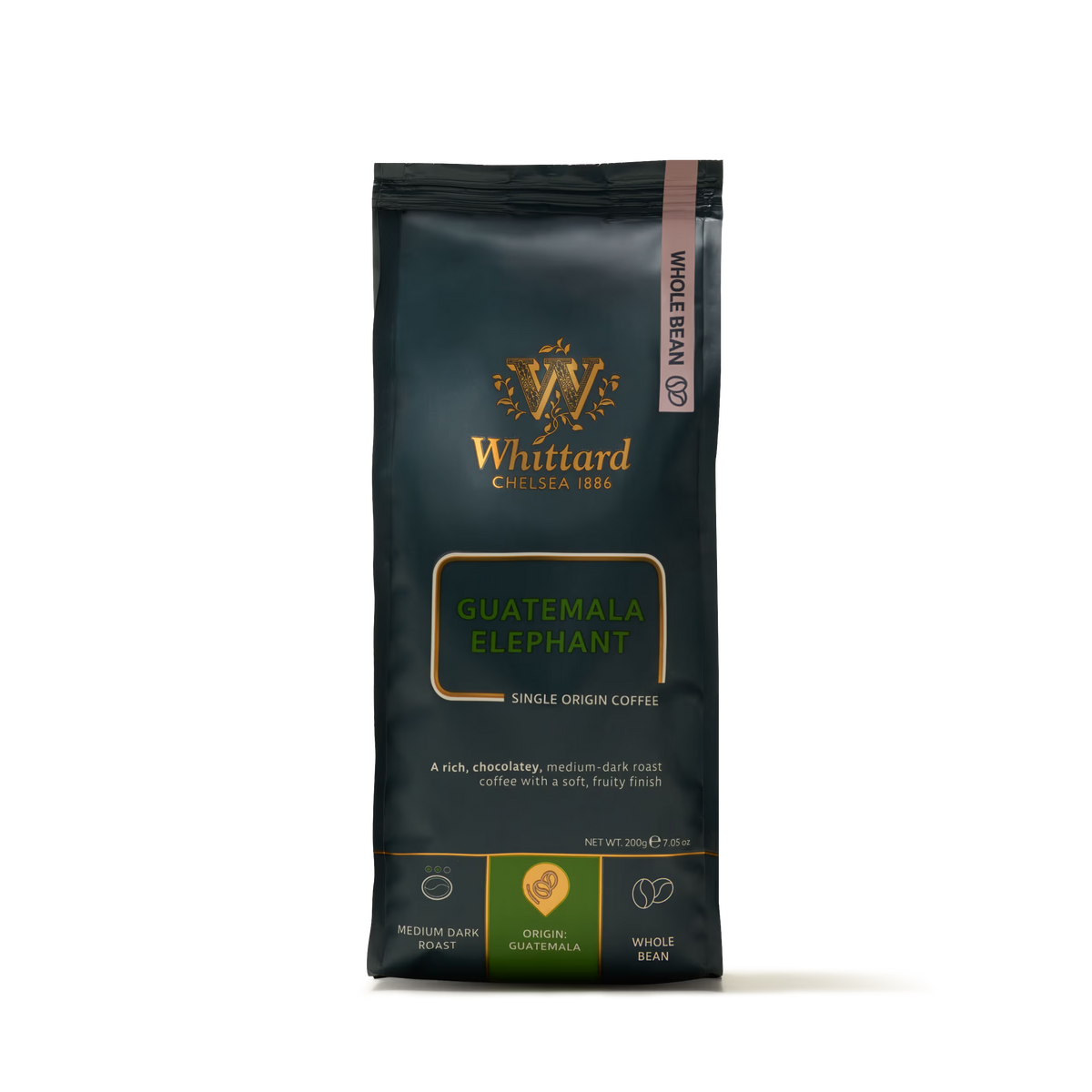 A 200g valve pack of Whittard Guatemala Elephant Coffee Beans—single origin, whole bean coffee from the volcanic slopes of Guatemala. The dark packaging, accented with gold and green, highlights its medium dark roast and distinctive origin. Featuring large beans renowned for their bold flavor, this coffee truly captures the essence of its unique growing region.
