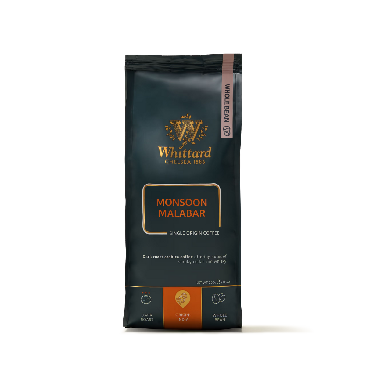 A black bag labeled Monsoon Malabar Coffee Beans Valve Pack with gold and orange accents, featuring icons for dark roast coffee, origin India, and whole bean—perfect for those who appreciate the bold flavors of Indian coffee.