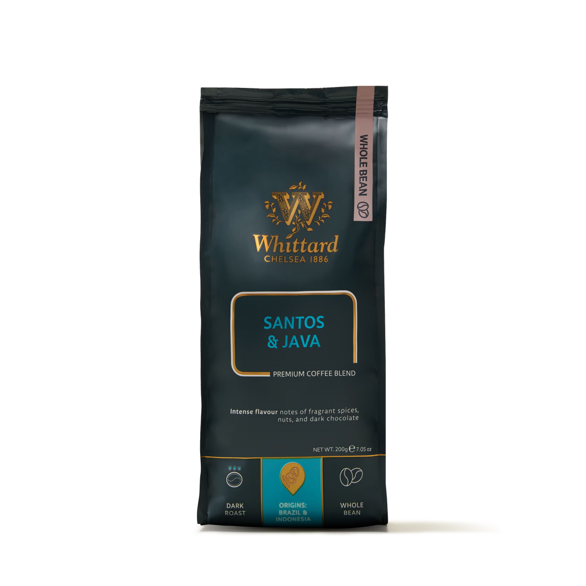 A 200g Santos and Java Coffee Beans Valve Pack from Whittard Chelsea 1886, featuring a distinctive dark roast blend with notes of fragrant spices, nuts, and chocolate, packaged in a dark bag with gold, blue, and brown accents.
