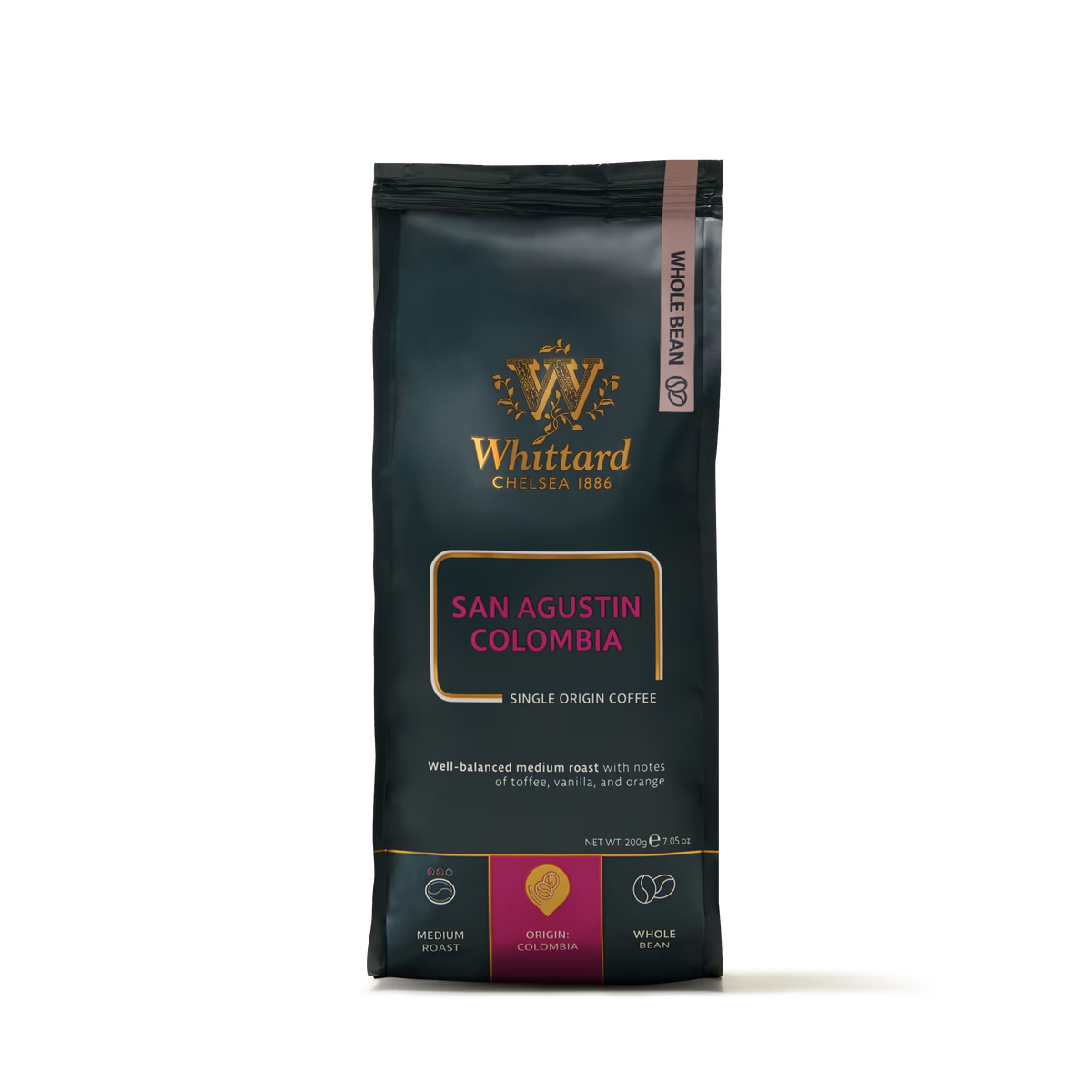 A 200g bag of San Agustin Colombia Coffee Beans Valve Pack, featuring gold, pink, and white text on a dark background. The label highlights this medium roast Colombian coffee, carefully crafted from premium Arabica beans sourced from the renowned San Agustin region.