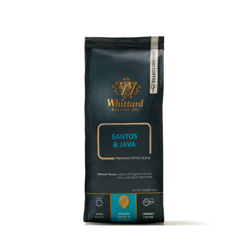 A 200g bag of Whittard Chelsea 1886 Santos & Java ground coffee, dark roast, with a teal and gold label featuring product details and tasting notes.