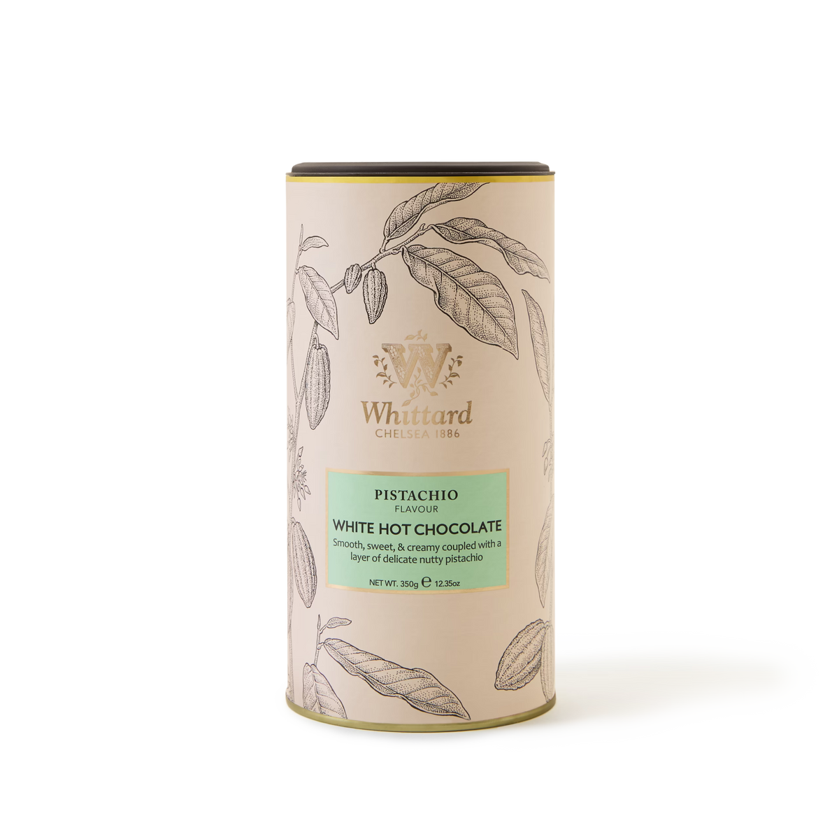 A cylindrical tin of Whittard Pistachio Flavour White Hot Chocolate, featuring botanical illustrations and mint green accents on a cream label.