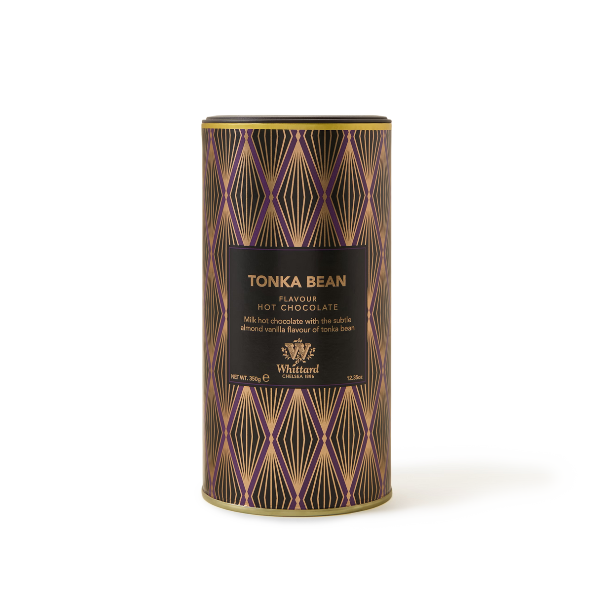 A cylindrical tin of Tonka Bean Flavour Hot Chocolate featuring a black and gold geometric design and product details on the front, this gourmet hot chocolate delivers a rich, indulgent tonka bean experience.