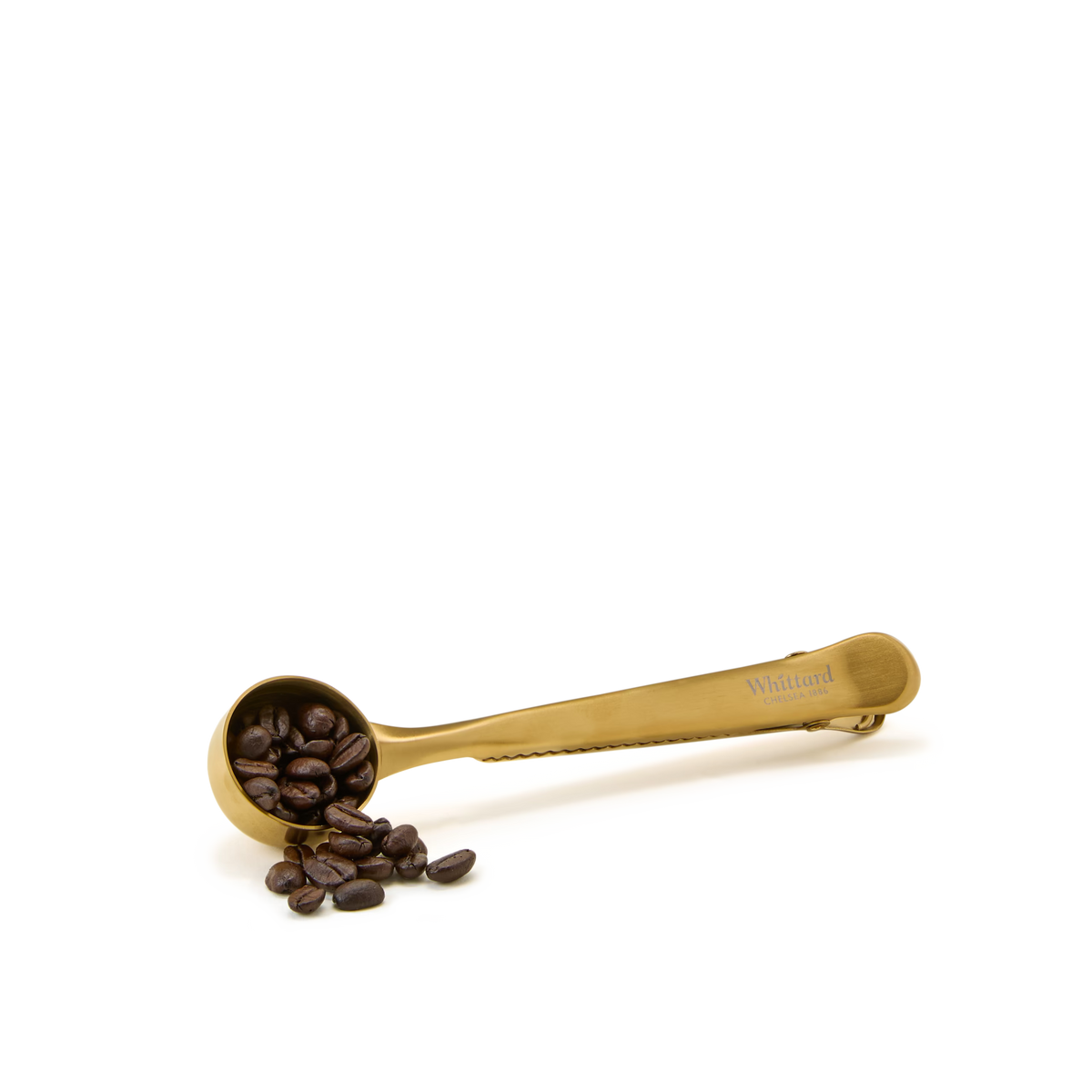 A gold coffee scoop filled with dark coffee beans, some beans spilling out onto a white surface.