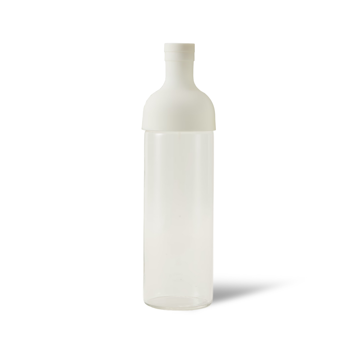 Clear plastic bottle with a white cap and neck, standing upright on a plain white background with a faint shadow to the right.