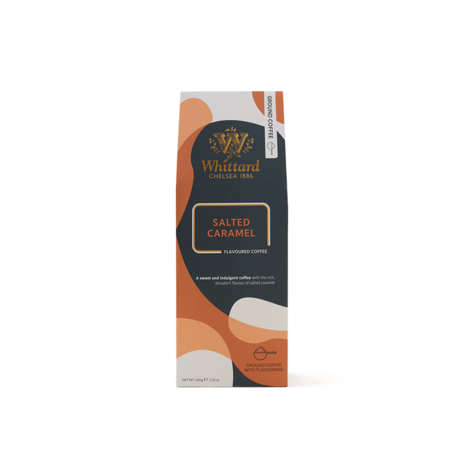 A 227g bag of Salted Caramel Flavoured Ground Coffee, adorned with an abstract orange, beige, and brown design on a white background. This delicious coffee features rich notes of creamy caramel complemented by a hint of sea salt, creating the perfect indulgent brew.