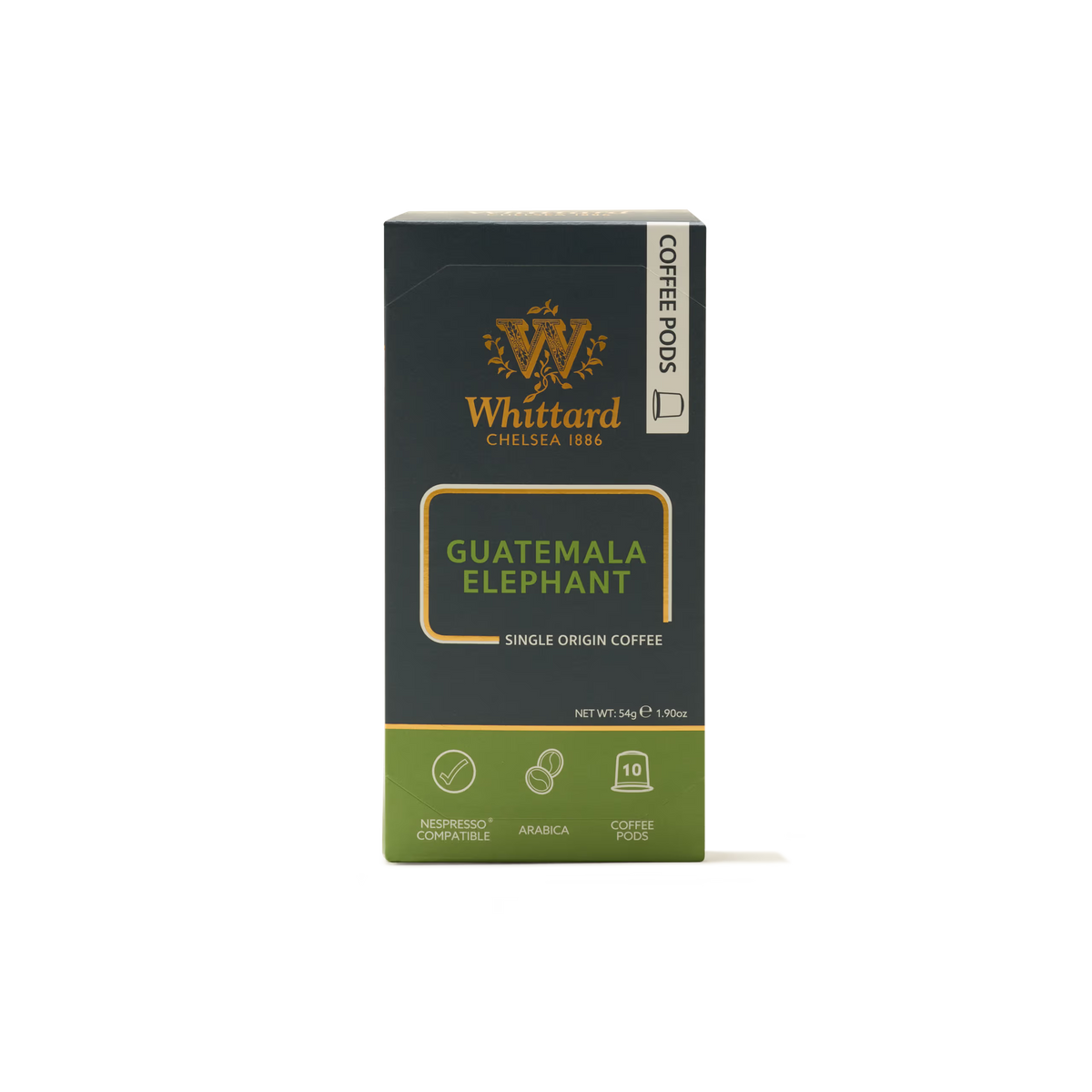 A box of Guatemala Elephant Nespresso Compatible Coffee Pods, made from large coffee beans and containing 10 pods, is displayed on a white background.