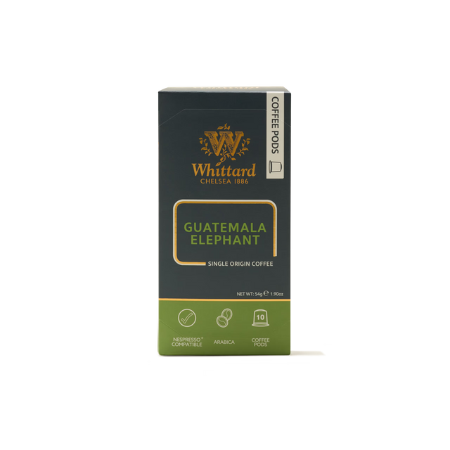A box of Guatemala Elephant Nespresso Compatible Coffee Pods, made from large coffee beans and containing 10 pods, is displayed on a white background.