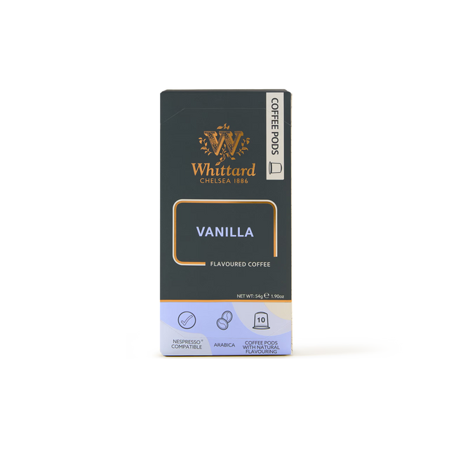 A box of Vanilla Nespresso Compatible Coffee Pods, featuring a dark design with gold accents. Each box contains 10 pods filled with smooth arabica coffee, specially crafted for use in pod machines.