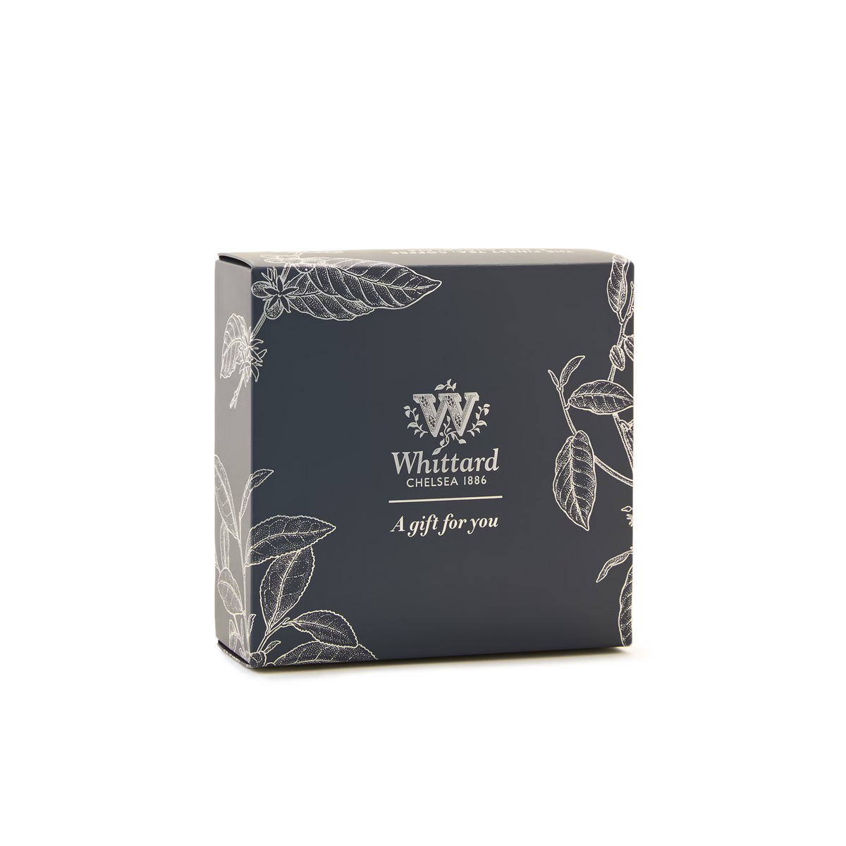 A dark grey “2 Tub Gift Box Blue” from Whittard of Chelsea, featuring white botanical illustrations and the text “A gift for you” on the front, displayed against a plain white background.