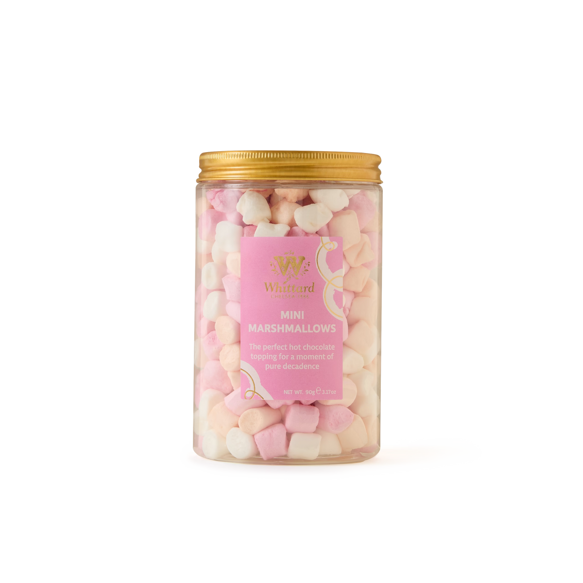 A clear jar with a gold lid is filled with Mini Marshmallows in pink and white, each infused with natural vanilla. Perfect for topping your hot chocolate, these delightful treats come in a jar featuring a pink and gold label that reads “Mini Marshmallows.”.