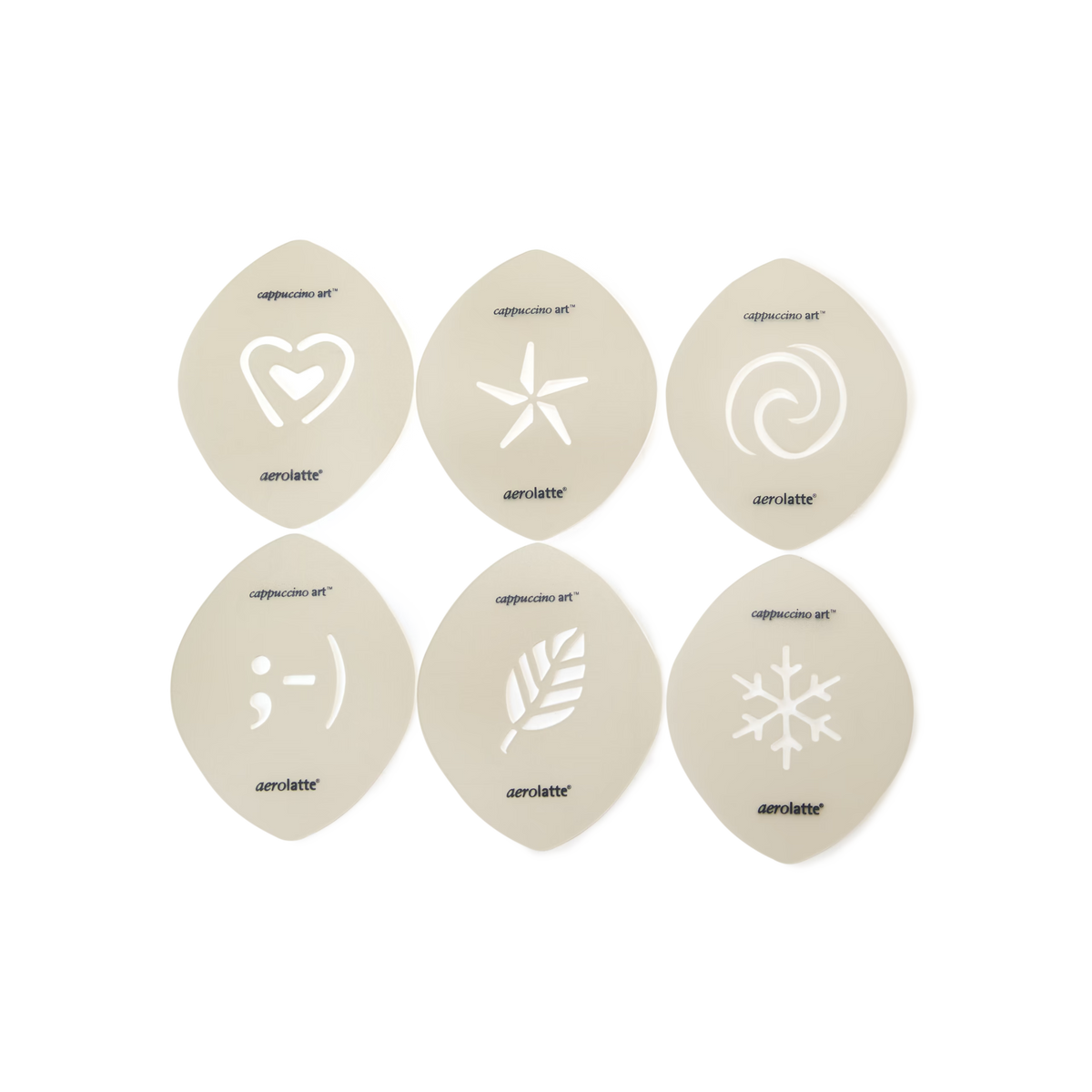 Six cappuccino art stencils with cut-out designs: heart, star, swirl, winking face, leaf, and snowflake, arranged in two rows on a light background.