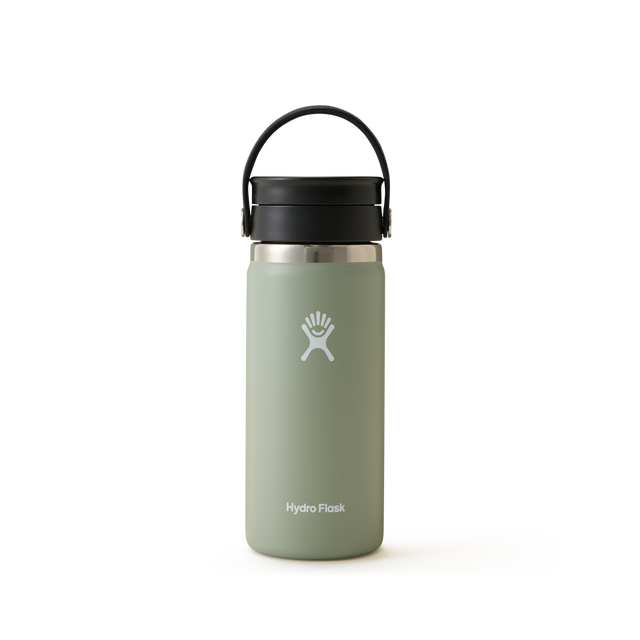 A gray Hydro Flask water bottle with a black lid and handle, shown standing upright on a plain white background. The bottle features the Hydro Flask logo and brand name on the front.