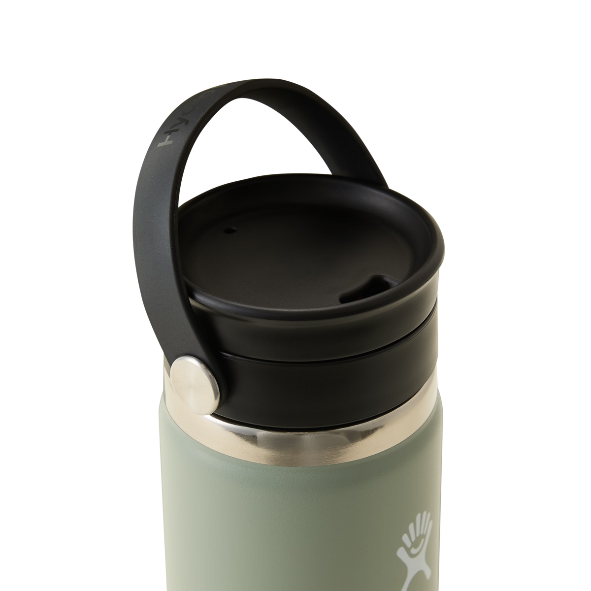 A close-up of the Agave Hydro Flask Travel Mug, featuring a green body, black lid, and sturdy black handle. The mug showcases double-wall vacuum insulation and a leakproof Flex Sip Lid, displayed against a plain white background.