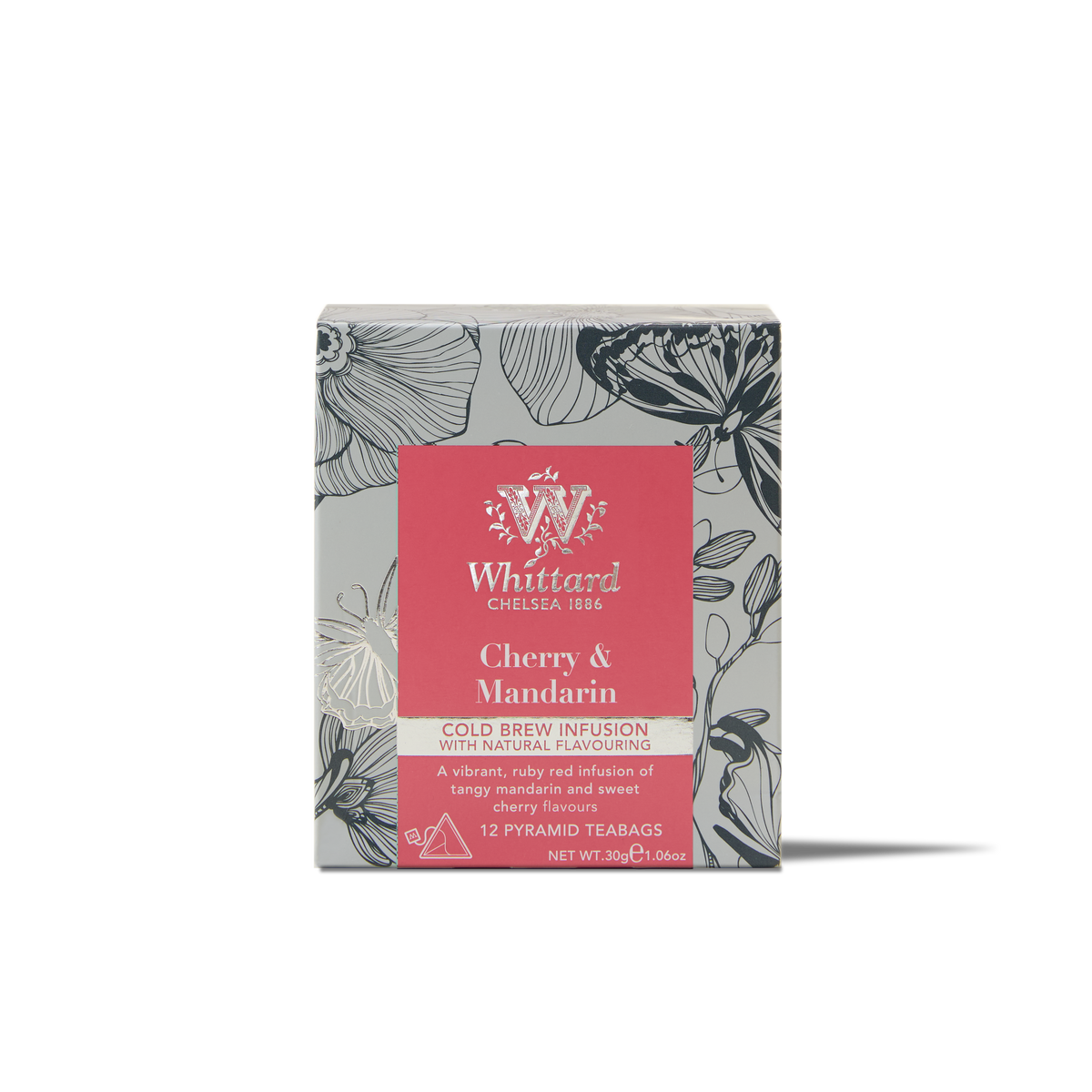 A box of Cold Brew Cherry & Mandarin Flavoured Infusion Pyramid Teabags, adorned with floral designs and containing 12 pyramid teabags.
