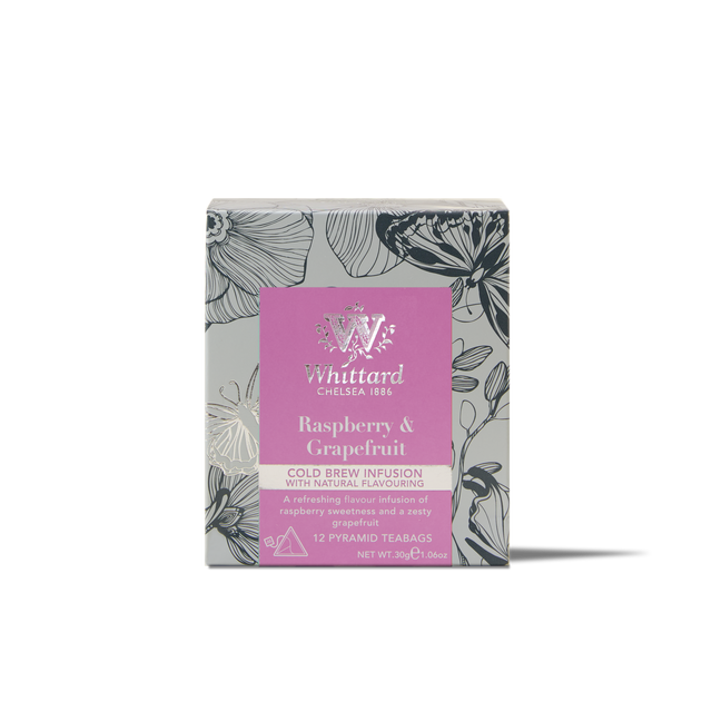 A box of Cold Brew Raspberry & Grapefruit Flavoured Infusion Pyramid Teabags, featuring floral-patterned packaging with a purple label. The 30g box contains 12 pyramid teabags.