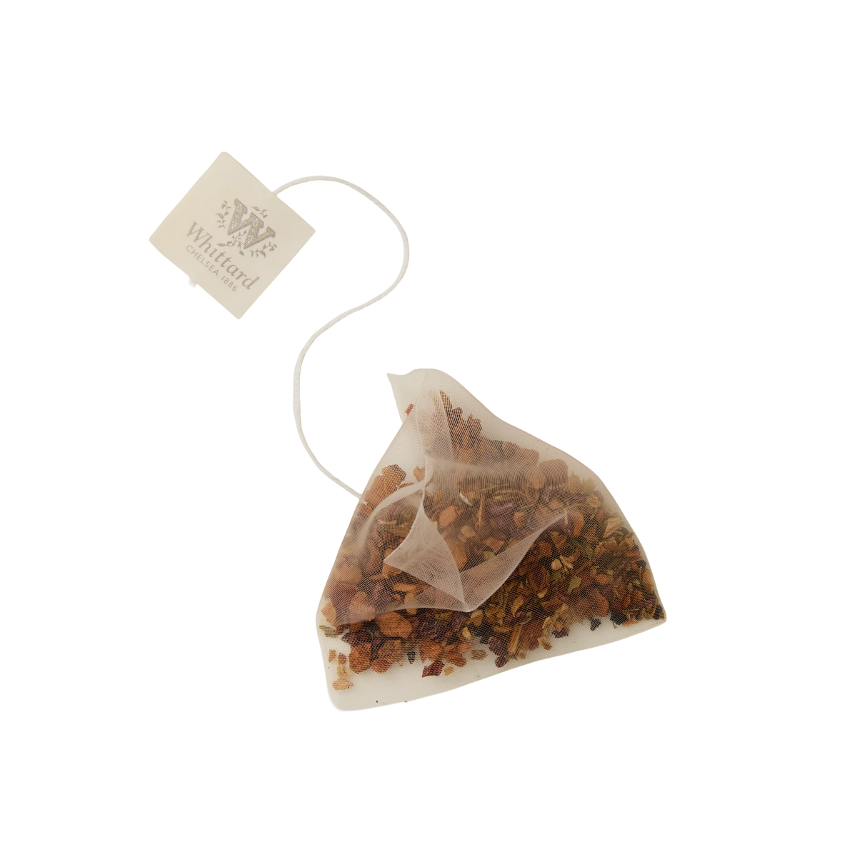 A pyramid-shaped Cold Brew Raspberry & Grapefruit Flavoured Infusion teabag filled with loose herbal tea leaves, perfect for a refreshing caffeine-free drink. Attached to a string with a Whittard tag, this blend delivers vibrant raspberry and grapefruit flavor and aroma. The product is set against a plain white background.