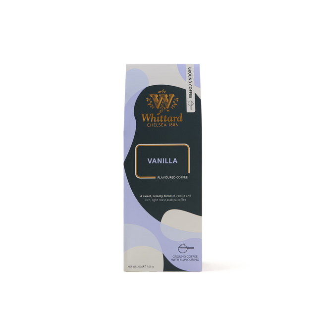 A 227g bag of Vanilla Flavoured Ground Coffee, featuring a blue and cream abstract design, made with ground arabica coffee and vanilla flavoring.