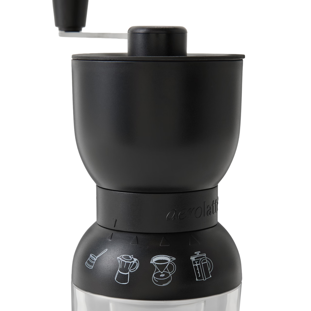 A black manual coffee grinder with a clear bottom and white icons showing different coffee brewing methods, including pour-over and French press, on the grinders middle section.
