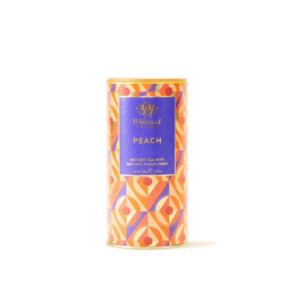 A vibrant tin of Peach Flavour Instant Tea with natural flavoring, adorned in orange, red, and yellow geometric patterns on a white background—ideal for making a smooth and refreshing peach tea whenever you desire.