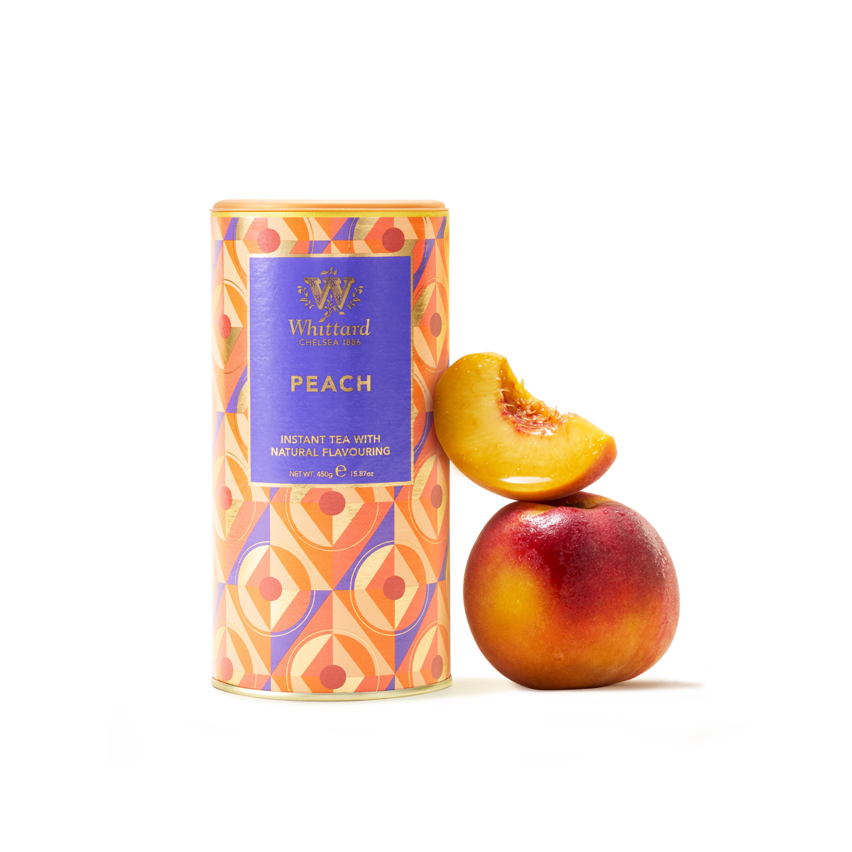 A vibrant Peach Flavour Instant Tea container stands upright next to a whole peach garnished with a peach wedge, set against a white background—ideal for anyone craving a refreshing glass of peach instant tea.