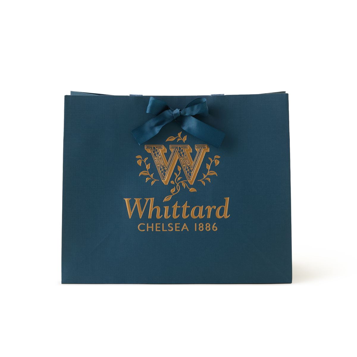 A luxurious blue Luxury Gift Bag featuring gold lettering and a large “W” logo, finished with a coordinating blue ribbon bow on a white background—ideal for sophisticated gift presentation.