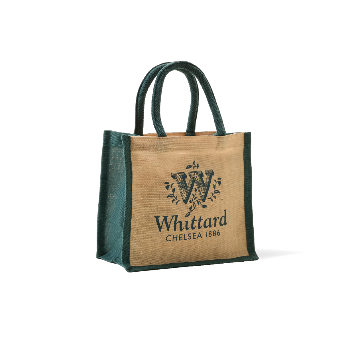 The Whittard Small Jute Cotton Bag is a reusable tan and green bag featuring ‘Whittard Chelsea 1886’ and a decorative W logo printed on the front, displayed against a plain white background.