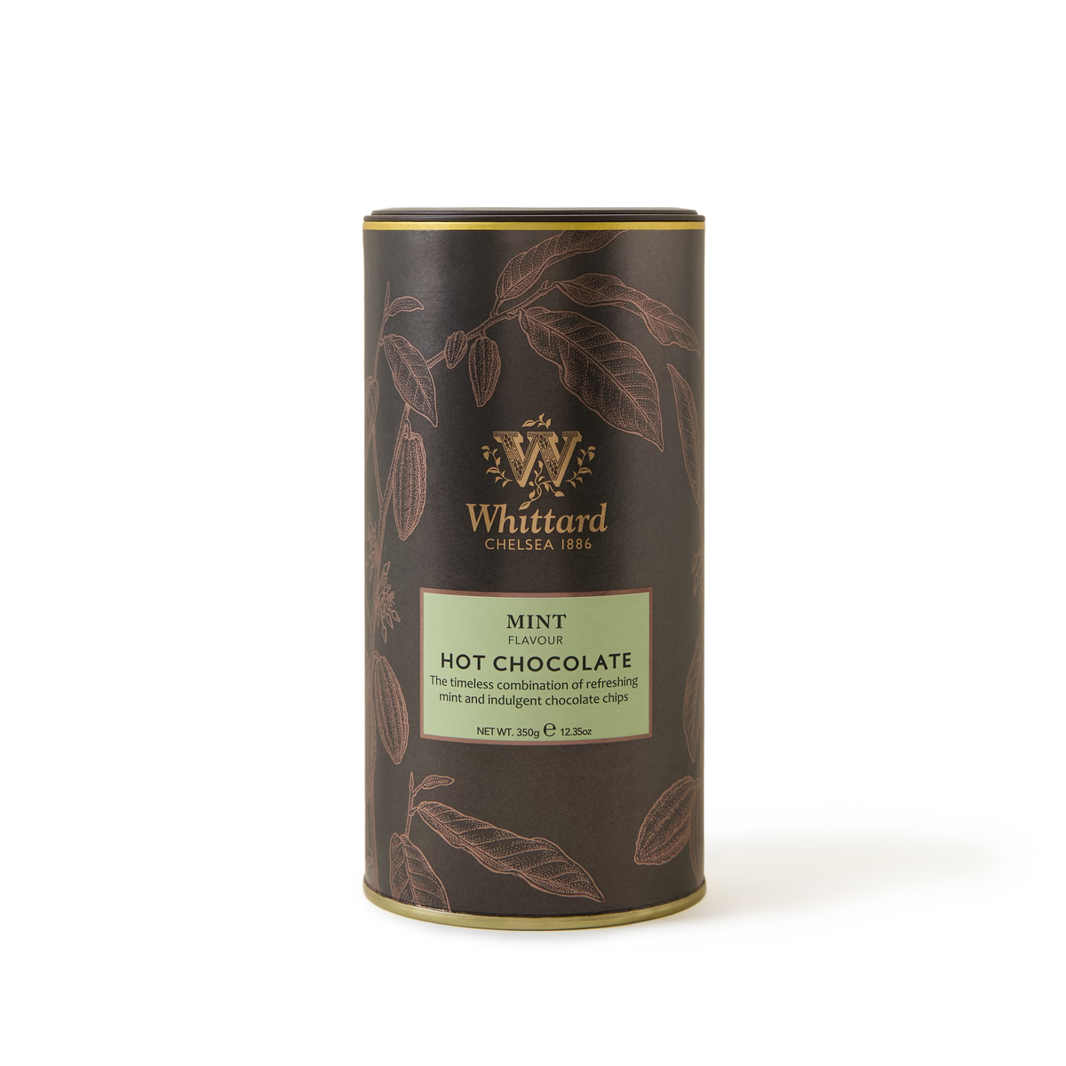 A cylindrical tin of Mint Flavoured Hot Chocolate with a brown and green label adorned with gold accents and cocoa pod illustrations on a white background—a luxurious chocolate mint beverage made with real chocolate chips for an irresistibly refreshing mint experience.