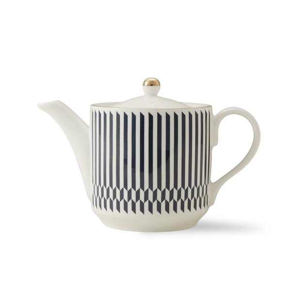 White ceramic teapot with a geometric black vertical striped pattern and a gold knob on the lid, set against a plain white background.