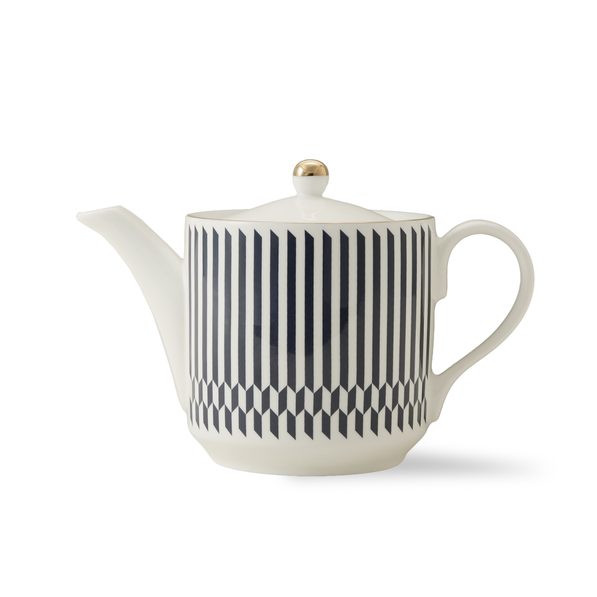 White ceramic teapot with a geometric black vertical striped pattern and a gold knob on the lid, set against a plain white background.