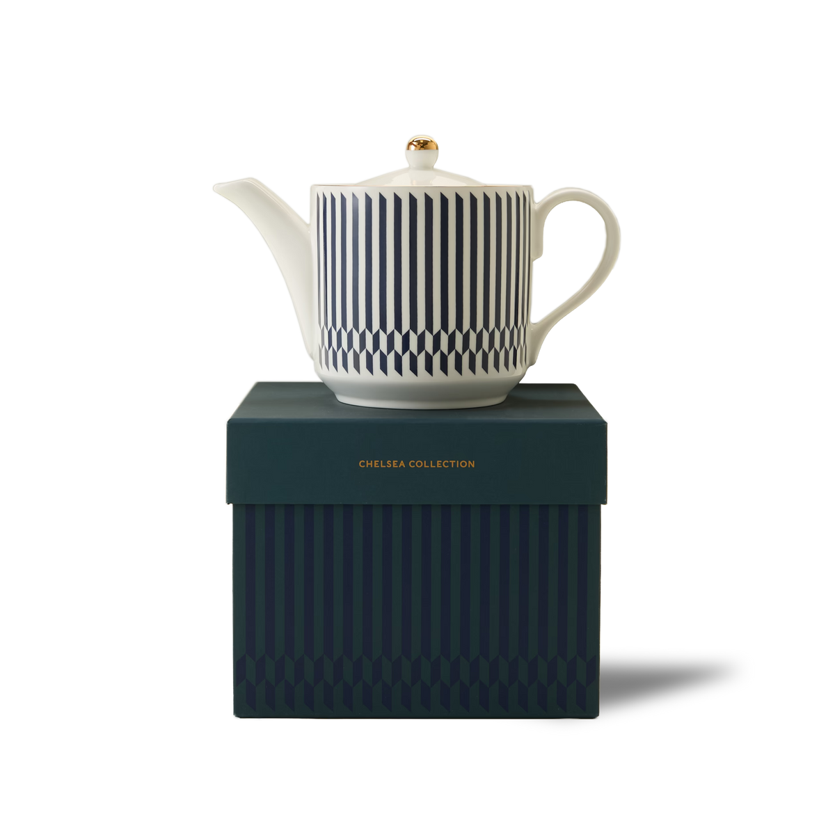 A white teapot with blue vertical stripes sits on a matching dark blue box labeled Chelsea Collection against a plain white background.