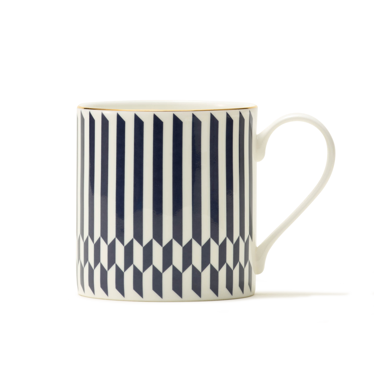Introducing The Sloane Mug—a white ceramic mug adorned with a sophisticated geometric pattern featuring vertical blue stripes and 3D cube designs, reflecting the timeless elegance of British craftsmanship. With its handle positioned on the right and set against a plain white background, The Sloane Mug is perfect for those who desire a luxurious touch in their daily routine.