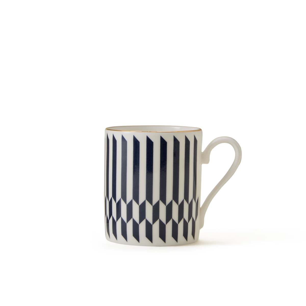A white ceramic mug with a handle, featuring a geometric black and white vertical striped pattern, displayed against a plain white background.