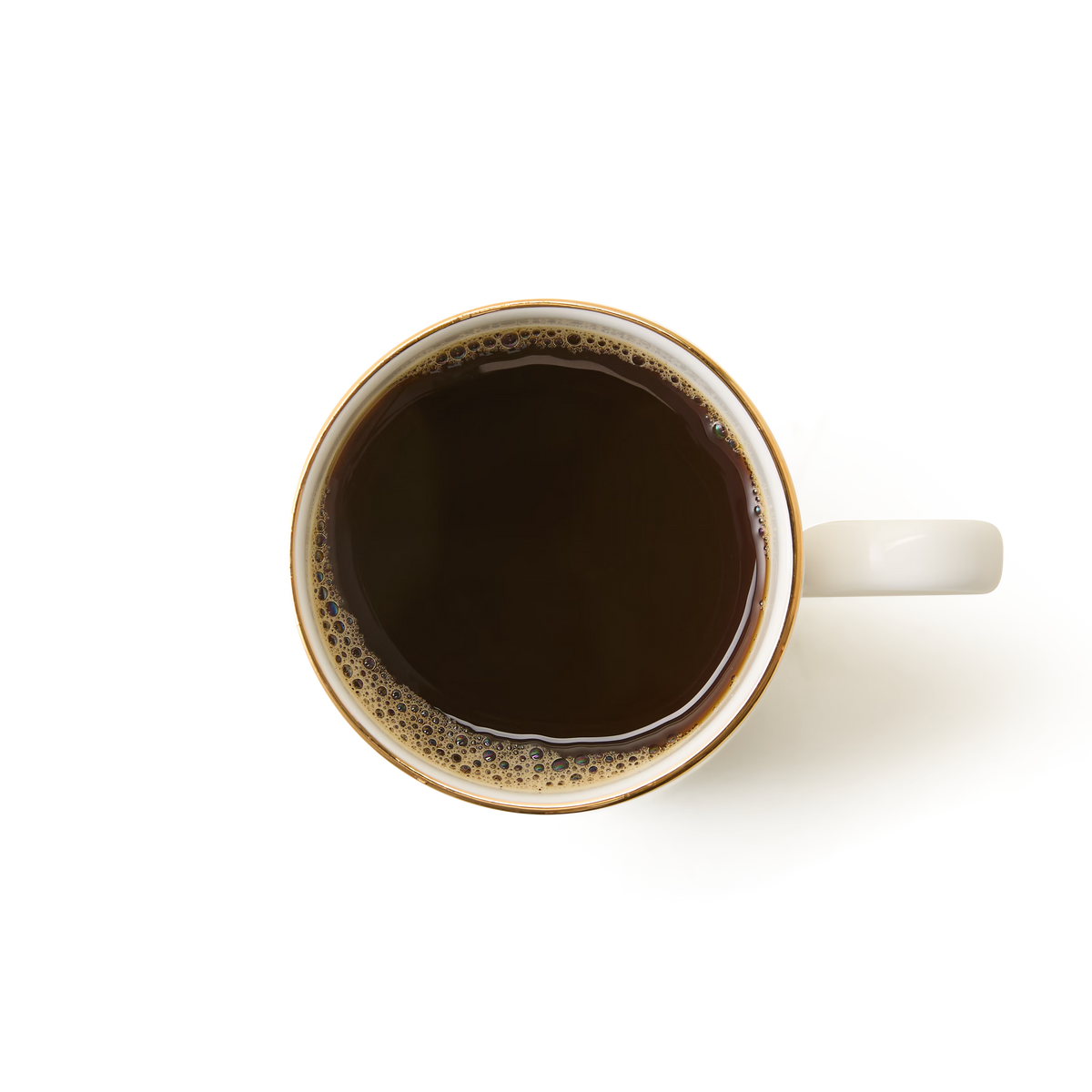A top-down view of a white mug filled with black coffee, placed on a white background.