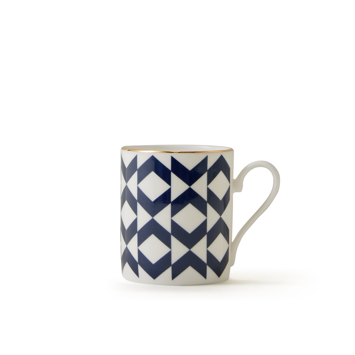 The Regency Espresso Cup, a white ceramic cup adorned with a blue geometric diamond design and opulent 22ct gold detailing on the rim, hand-finished in England, is elegantly displayed against a plain white background.