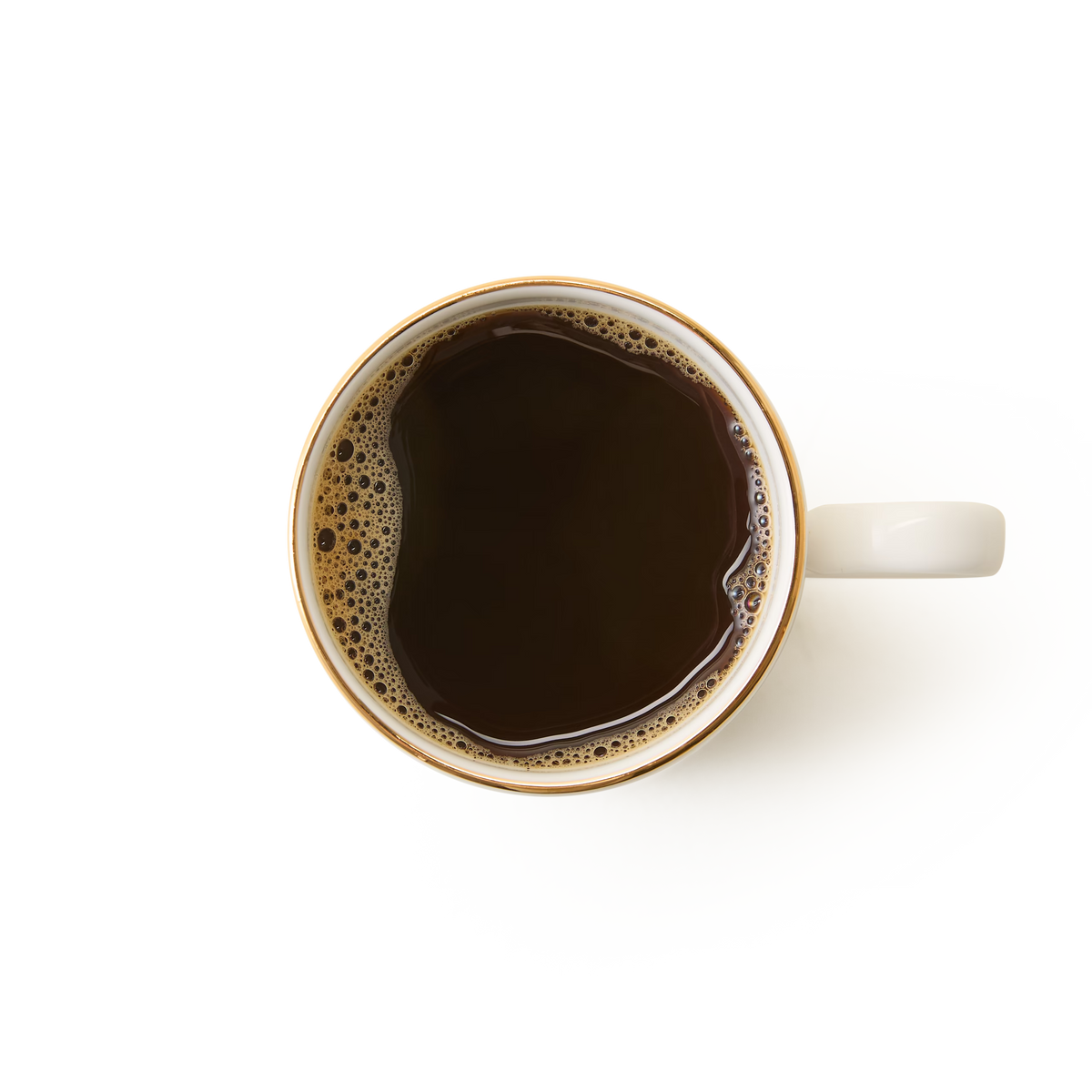 A top view of a white mug filled with black coffee, showing bubbles around the edge, on a plain white background.