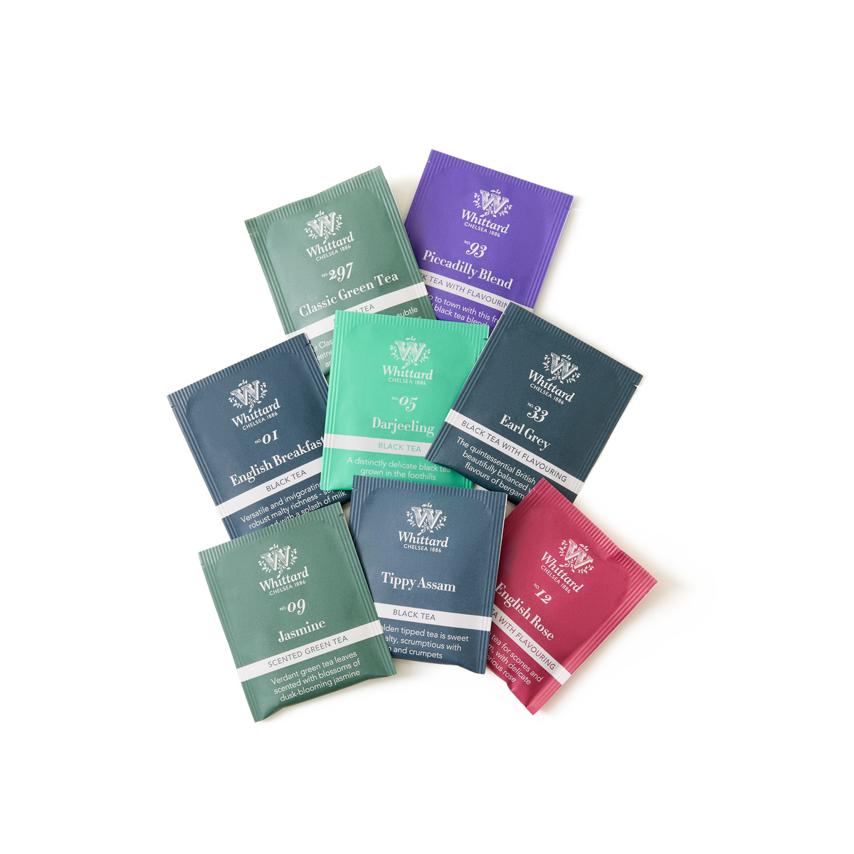 Eight colorful Whittard teabags from “The Tea Explorer” collection are arranged in a fan shape on a white background. This premium set features flavors such as Earl Grey, Jasmine, Darjeeling, English Rose, Flexibility Blend, Tippy Assam, and Classic Green Tea.