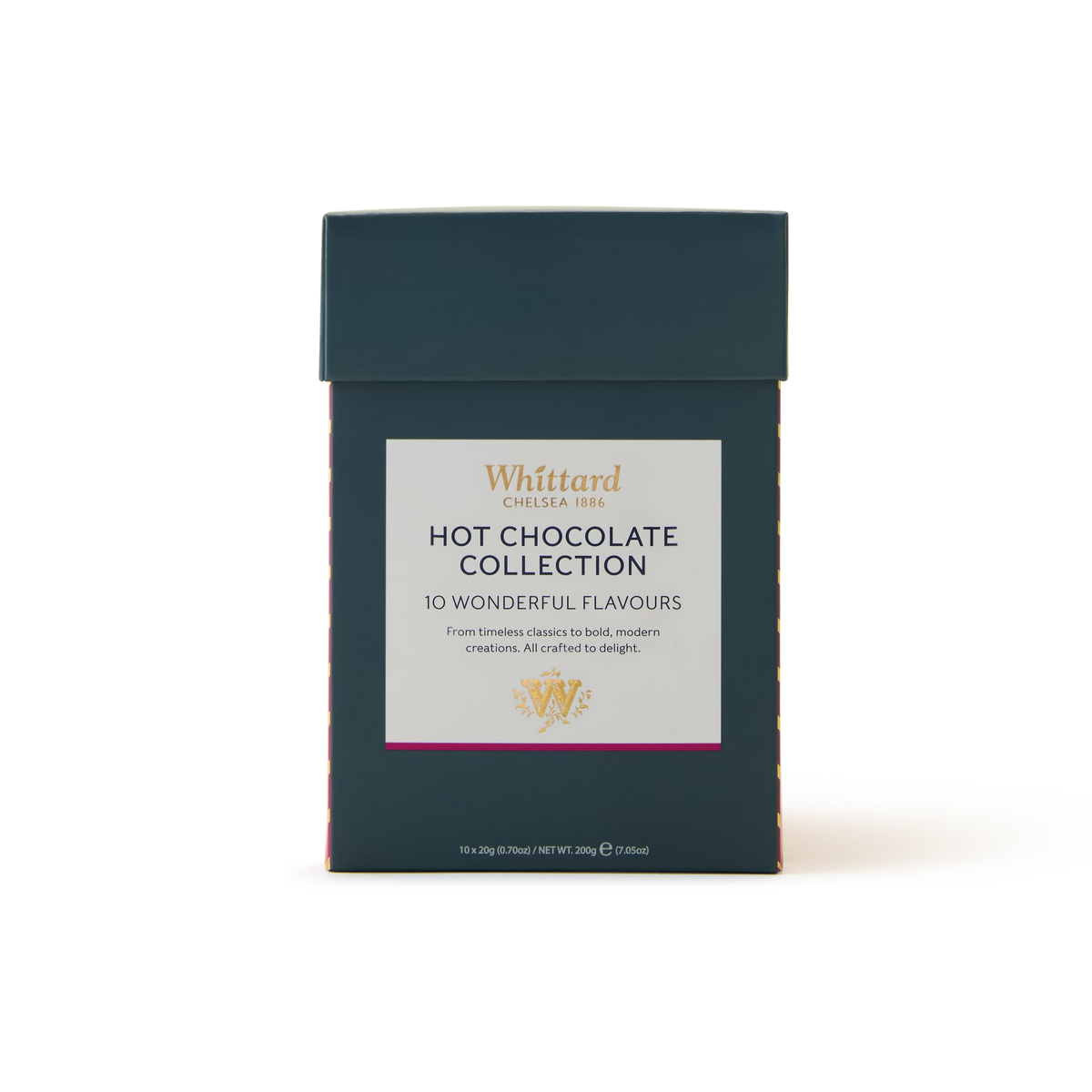 A dark green box labeled Whittard Hot Chocolate Collection with 10 wonderful flavours, featuring elegant gold and white text on the front.