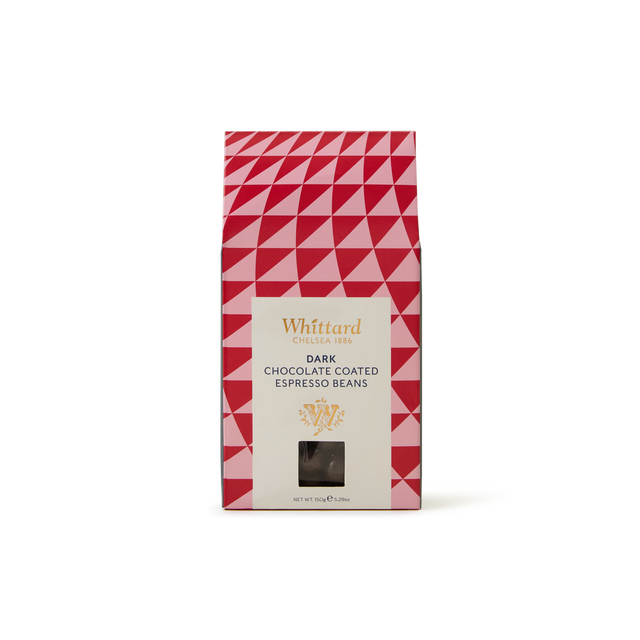 A red and pink geometric patterned bag of Whittard Dark Chocolate Coated Espresso Beans, with a small window showing the beans inside, photographed on a white background.