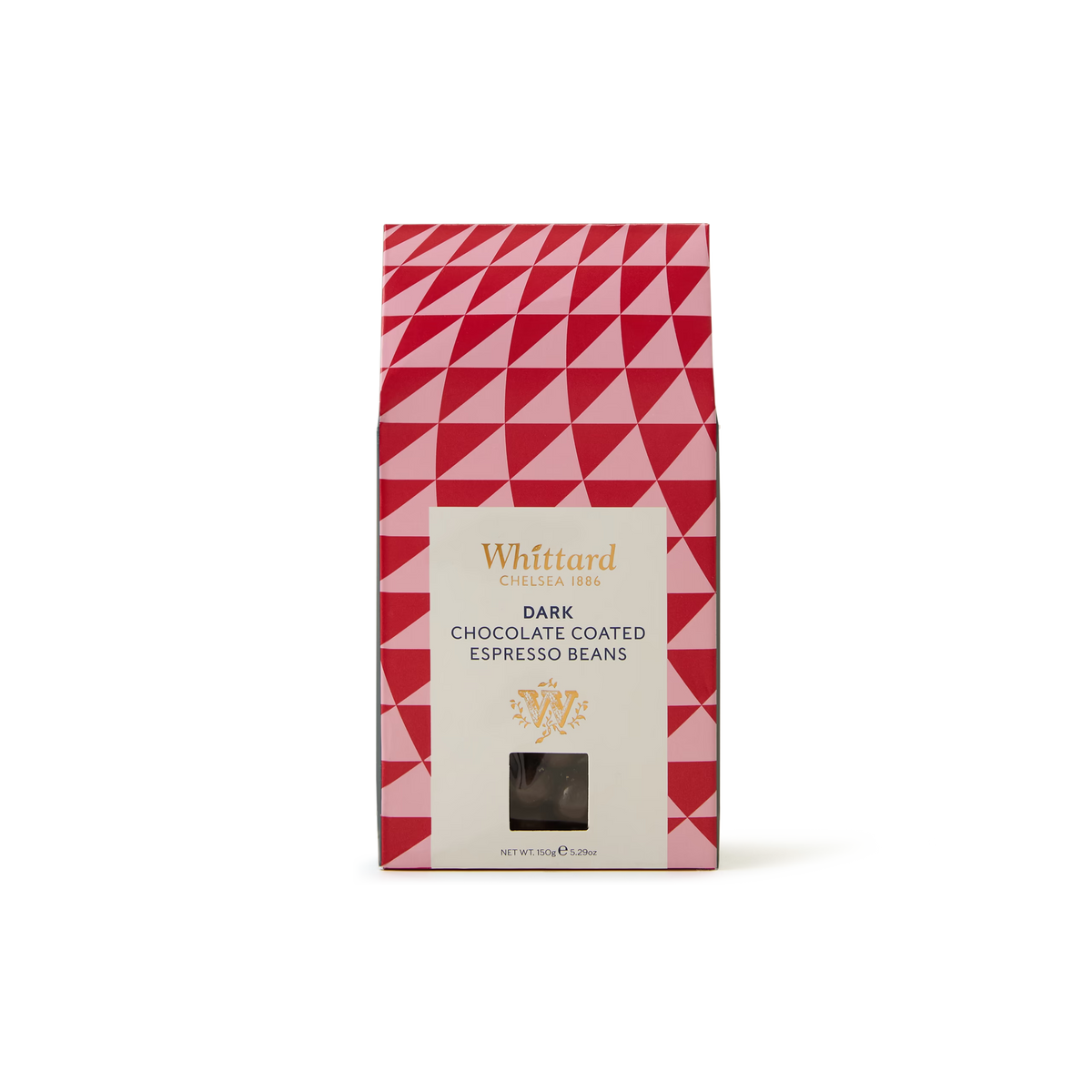 A red and pink geometric-patterned bag of Dark Chocolate Coated Espresso Beans, featuring a small window to display the beans inside and gold lettering on the front—ideal for chocolate enthusiasts and coffee lovers alike.