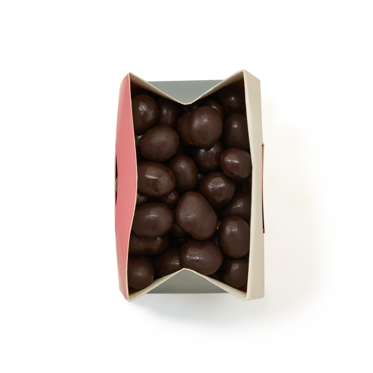 A top view of a rectangular box filled with Dark Chocolate Coated Espresso Beans, perfect for coffee lovers and chocolate enthusiasts, set against a white background.
